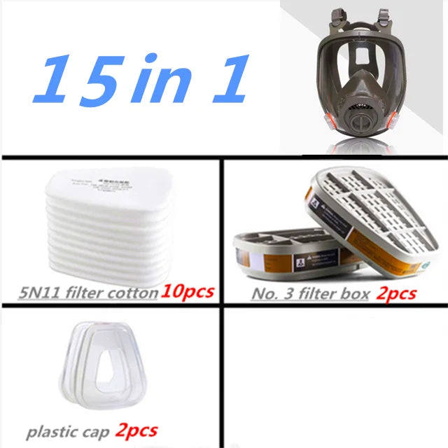 A set of 15 in 1 respiratory protection including a full face respirator mask, filter boxes, and plastic caps.