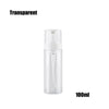 A clear, transparent plastic bottle with a white pump dispenser for liquid soap or lotion.