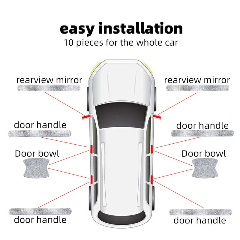Set of 10 pieces of door handle scratch protection stickers for easy installation on a car.