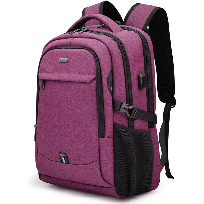 A purple laptop backpack with black trim and a padded shoulder strap.