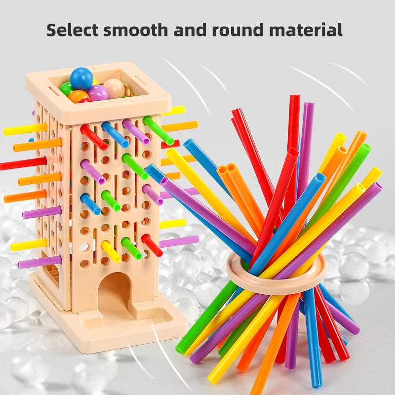 A wooden pick-up sticks game board with colorful sticks and balls for family play