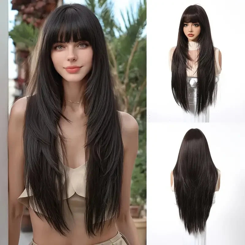 Rose Gold Layered Straight Wig with Bangs