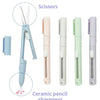 A set of mini pen-shape scissors and a ceramic pencil sharpener in light blue and mint green colors.