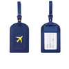 A dark blue PU leather luggage tag with a gold airplane design and a clear section for name, address, and city.