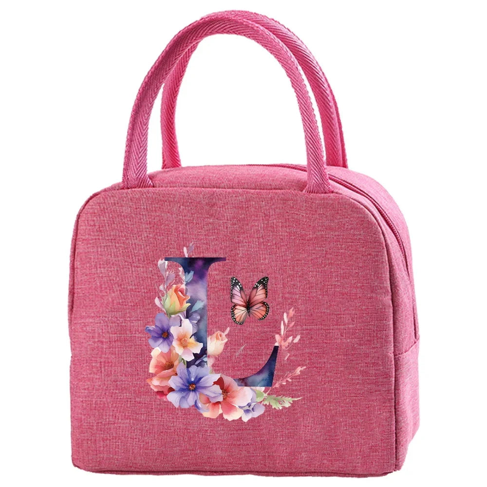 Insulated Canvas Lunch Bag with Butterfly Letter Pattern