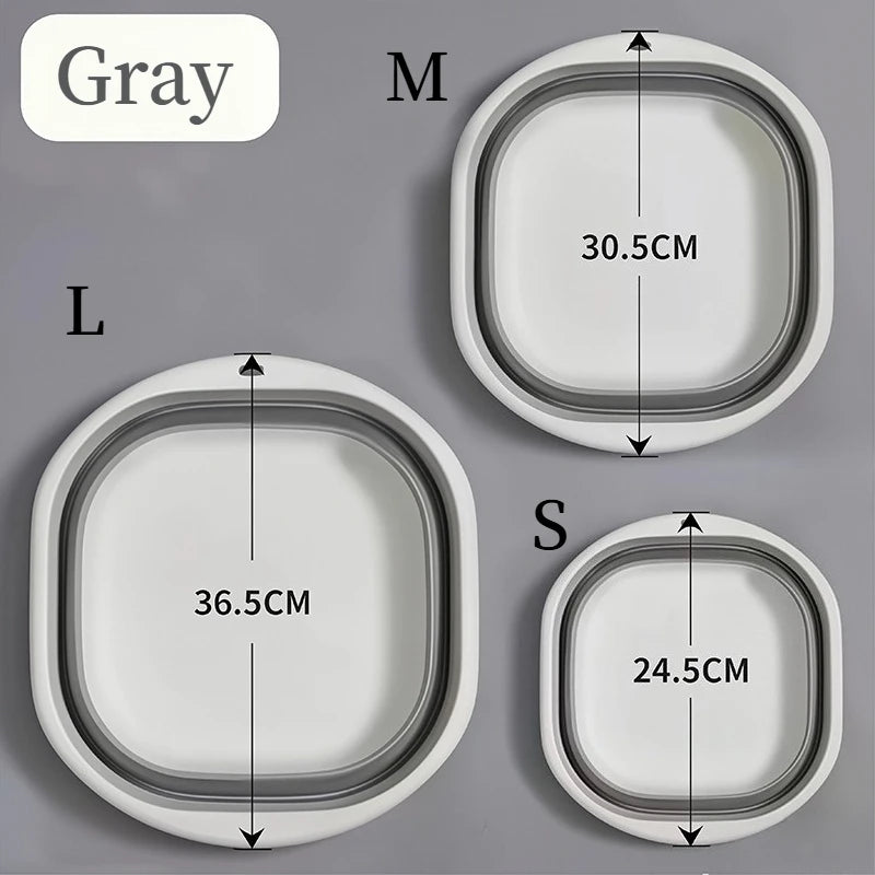 Three sizes of collapsible silicone washbasins in gray, labeled M, L, and S.