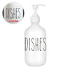 White refillable soap dispenser bottle with black text reading DISHES