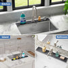 A stainless steel faucet mat is shown in a kitchen sink and bathroom sink, designed to absorb water and dry quickly.