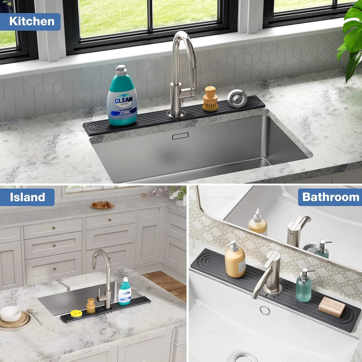 A stainless steel faucet mat is shown in a kitchen sink and bathroom sink, designed to absorb water and dry quickly.
