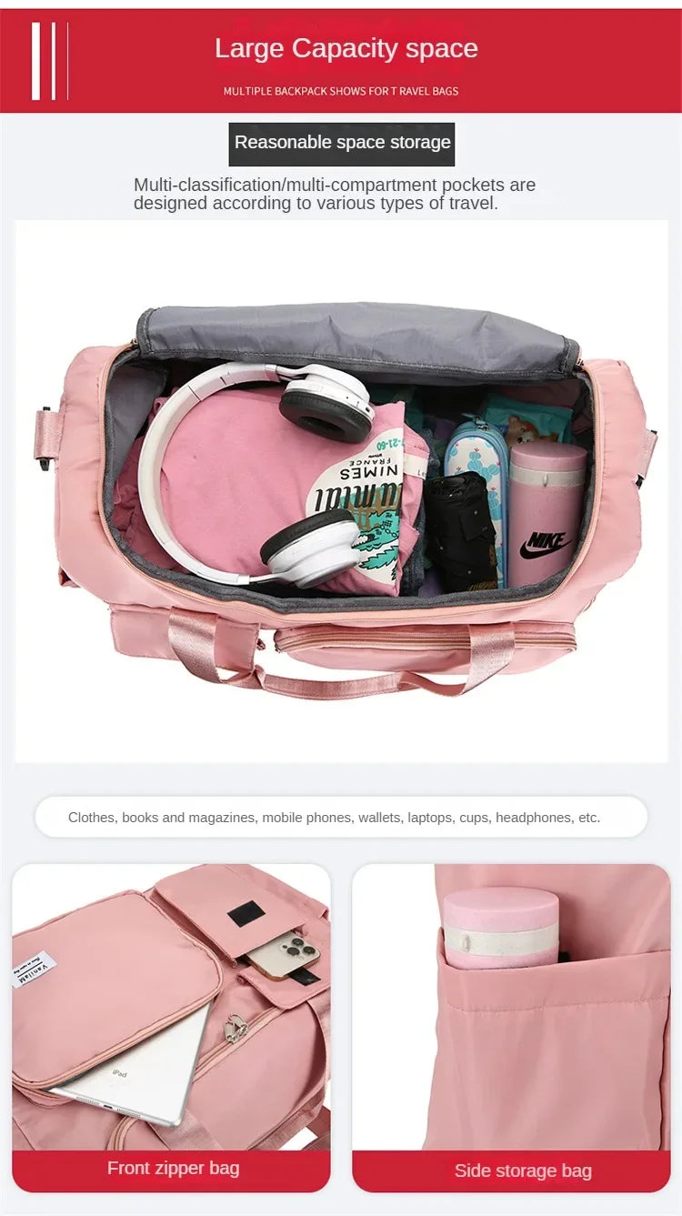 Pink large capacity travel duffel bag showing various compartments for clothing and accessories