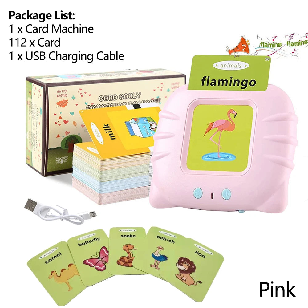 Pink card machine set including a card machine, cards, and USB charging cable for learning.