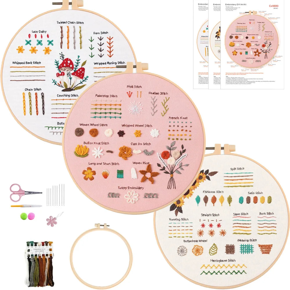 Beginner Embroidery Kit with Stamped Patterns and Tools
