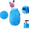 A blue inflatable bathtub for babies and toddlers shown with a hand pump and various parts.