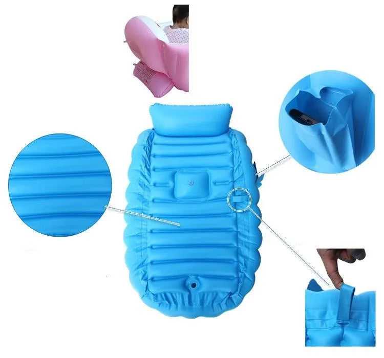 A blue inflatable bathtub for babies and toddlers shown with a hand pump and various parts.