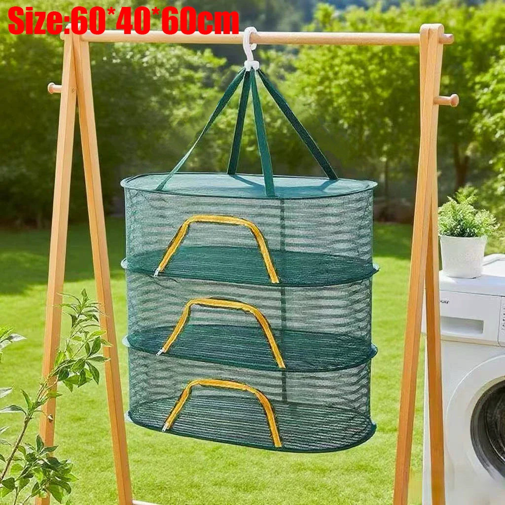Folding hanging drying net with mesh protection in green and gray on a wooden frame