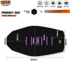 Black ribbed motorcycle seat cover with various dimensions and features for grip