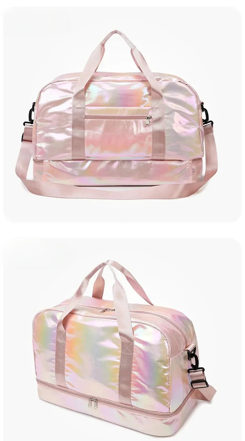A pink iridescent travel duffel bag with a padded handle and zipper closure.