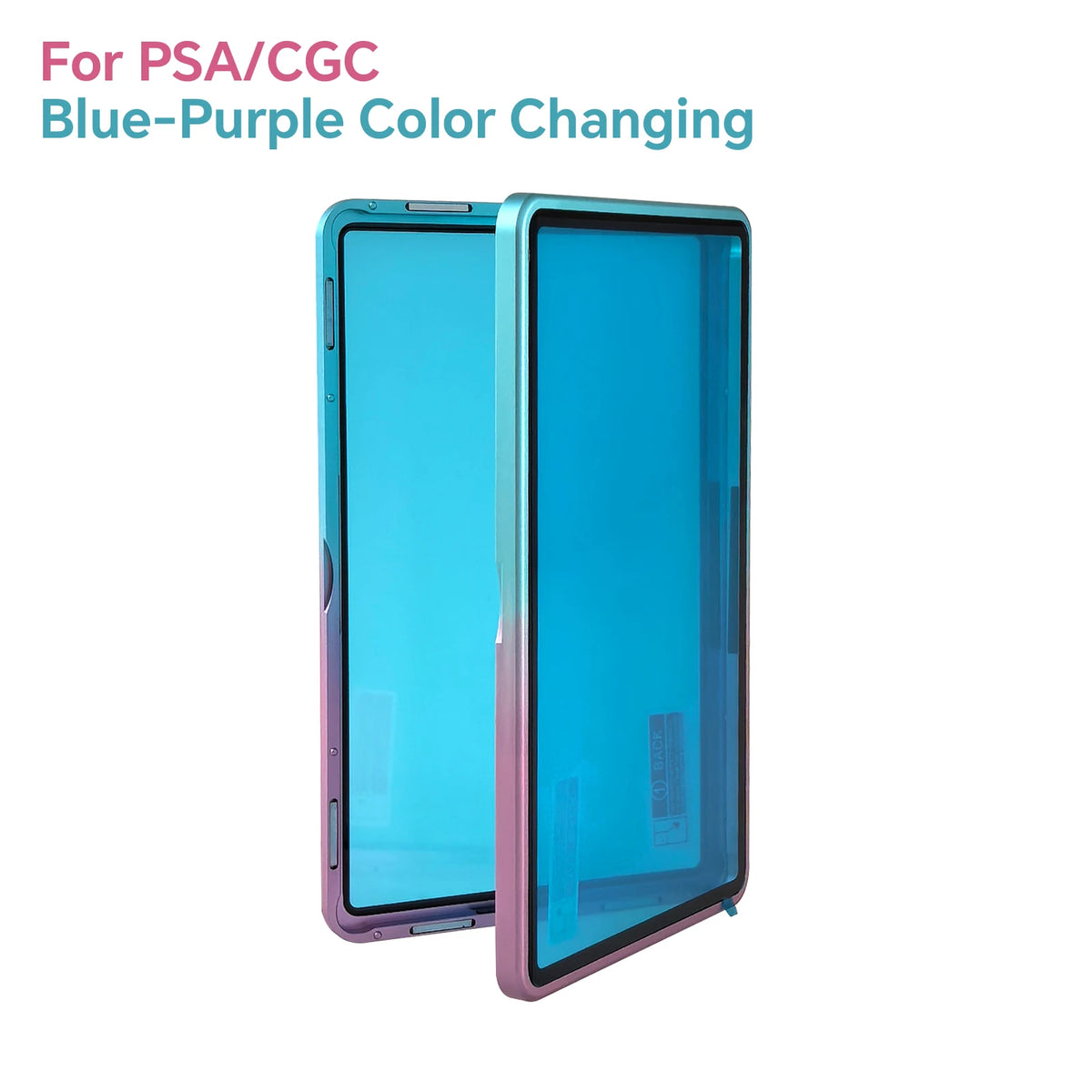 A blue-purple color changing display case for trading cards, shown in a vertical orientation.