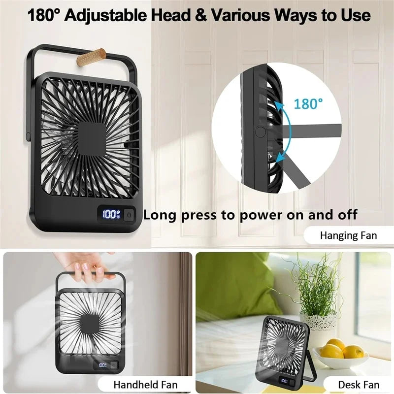Portable USB Desk Fan with 180° Foldable Stand and Digital Display