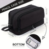 A black fabric pencil case is shown with dimensions and a bottom view, next to a pencil.