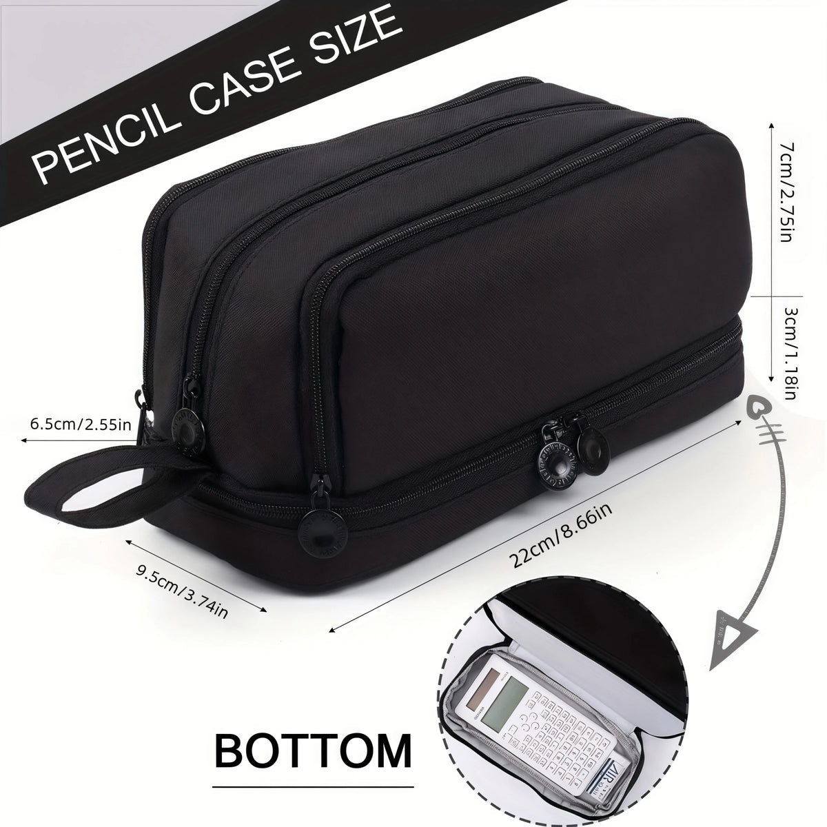 A black fabric pencil case is shown with dimensions and a bottom view, next to a pencil.