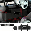 Black backseat car organizer with cup holders and hooks shown in a vehicle interior.