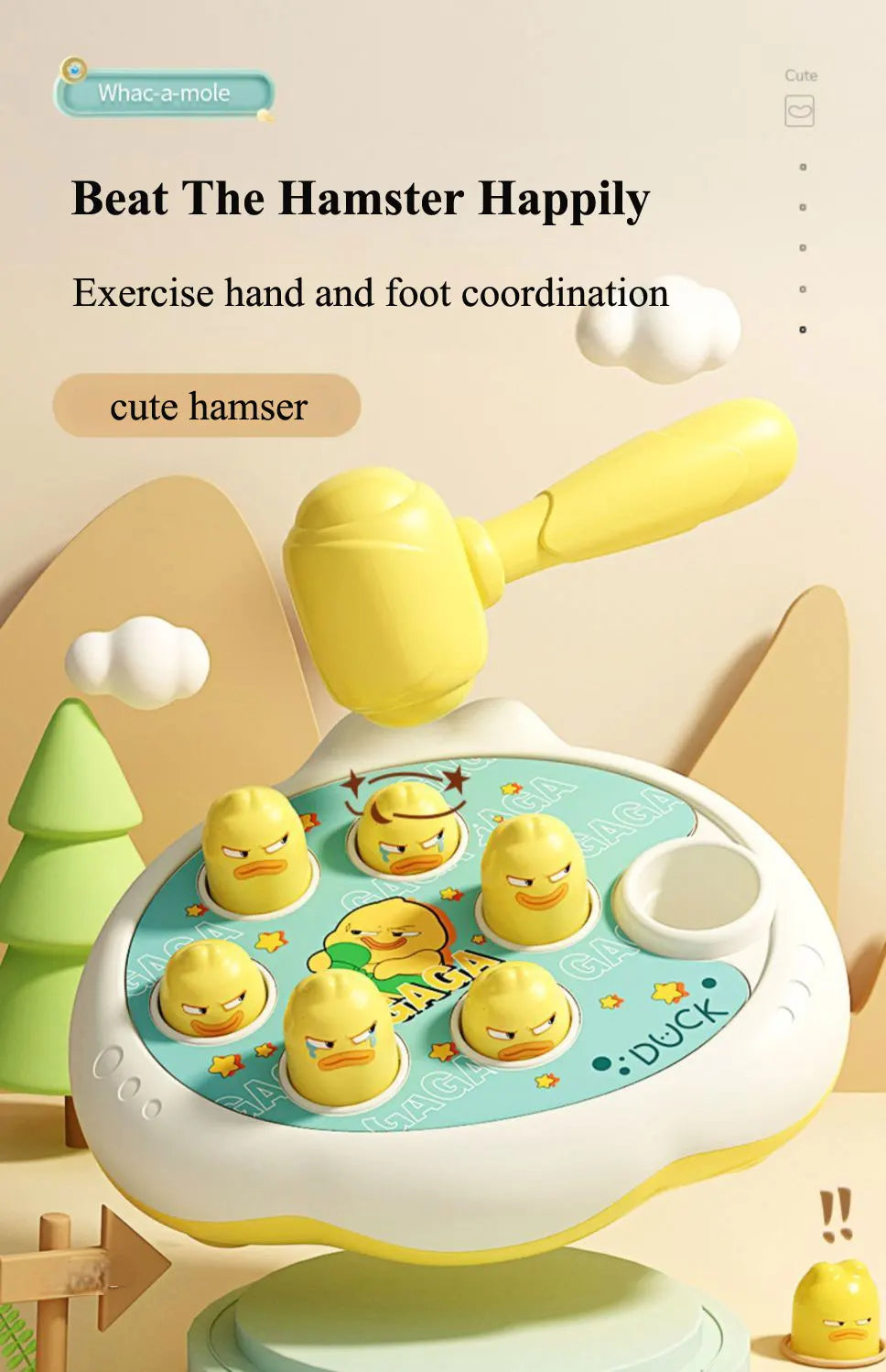 A yellow toddler hammer-pounding toy with various animal designs like a duck and frog, positioned for exercise.