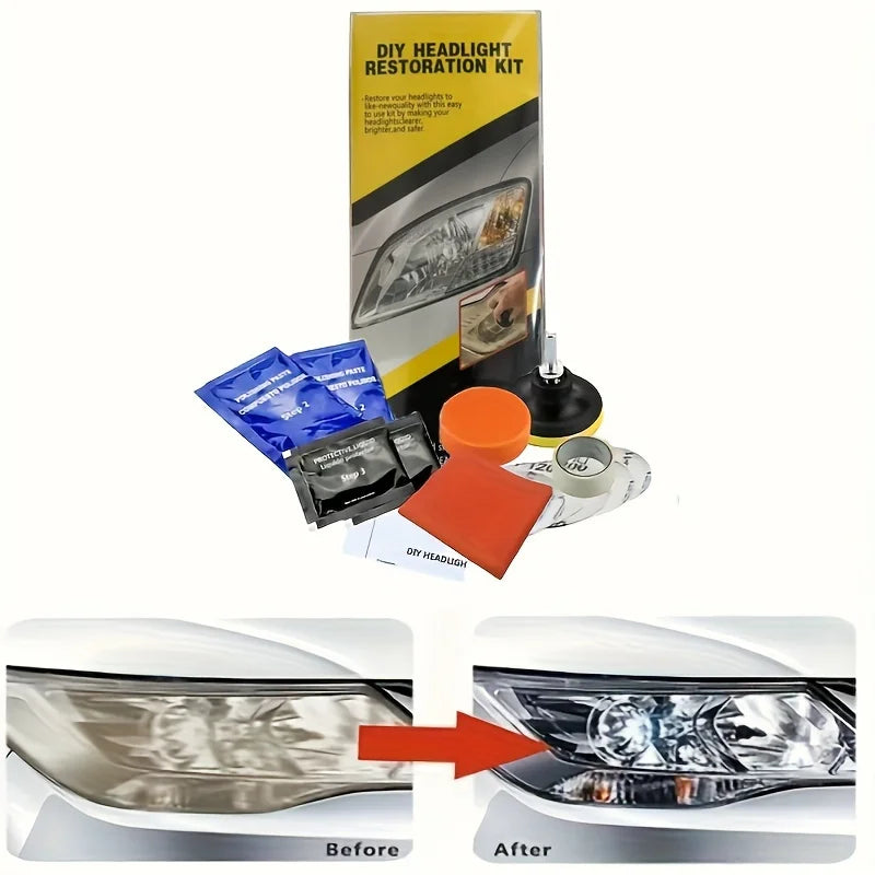 DIY headlight restoration kit showing before and after results on a car headlight lens