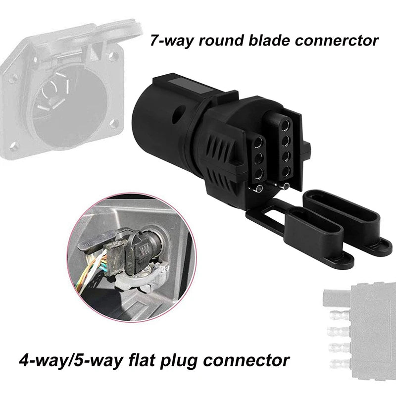A set of 7-way round blade and 4/5-pin flat plug connectors for trailer adapters.