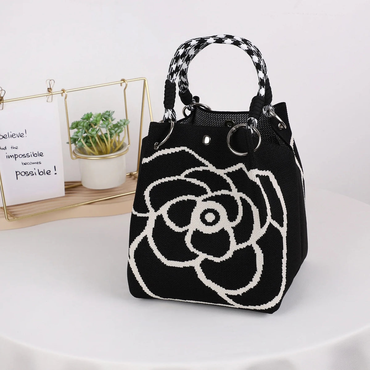 Mini Knitted Colorblock Bucket Bag with Detachable Handle