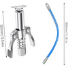 A silver heavy-duty grease gun coupler with a 14mm tip and a blue flexible hose.