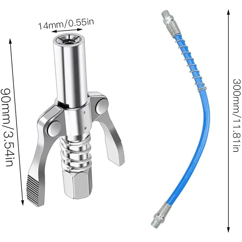 A silver heavy-duty grease gun coupler with a 14mm tip and a blue flexible hose.