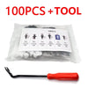 A clear plastic bag containing 100 pieces of auto trim panel retainer clips and a tool.