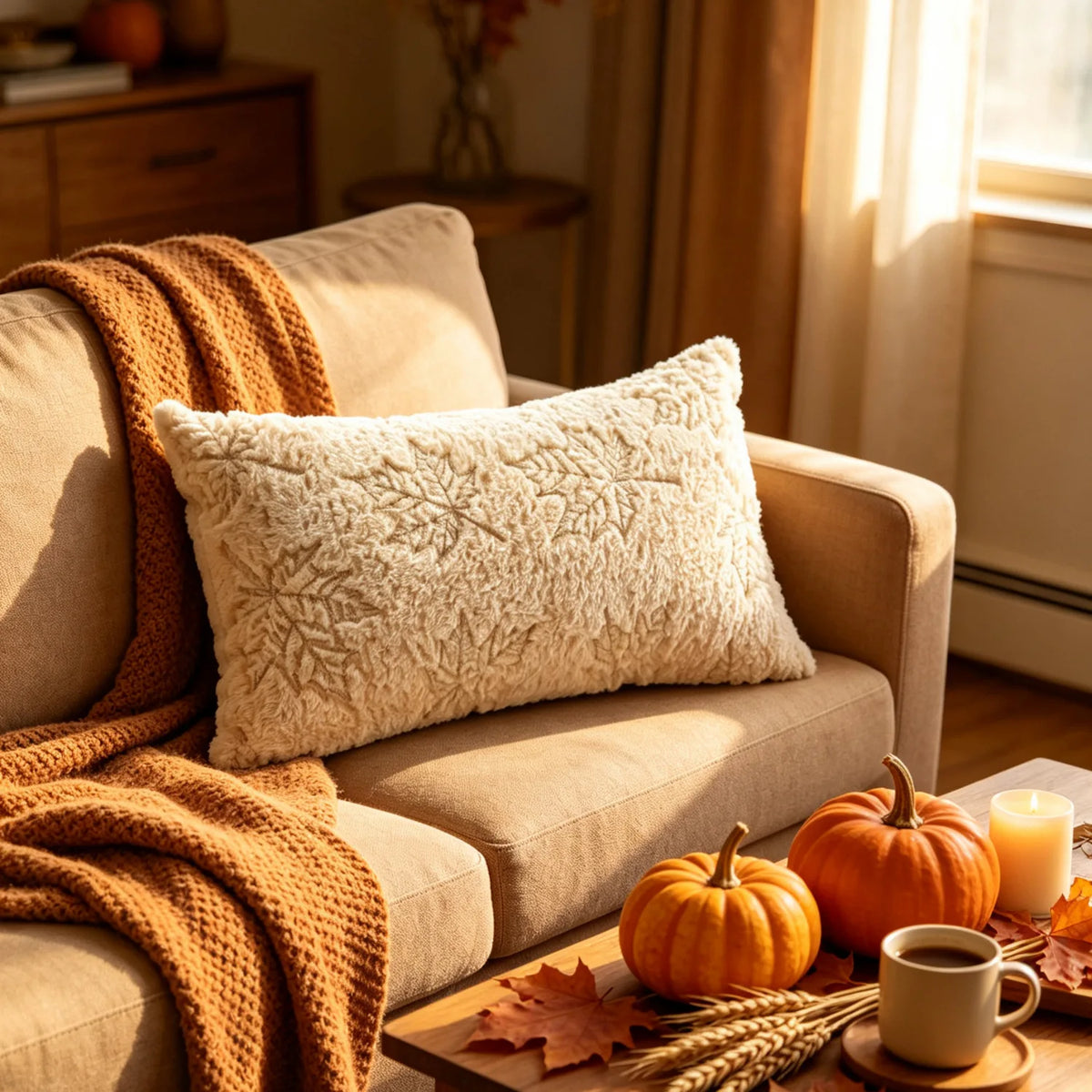 A cozy living room scene featuring an autumn pumpkin and maple leaf plush throw pillow cover on a sofa.