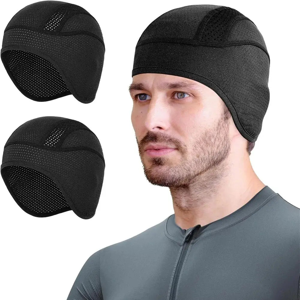 A black breathable cycling helmet liner cap shown in multiple views and worn by a man.