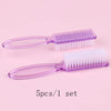 A set of five purple nail art brushes with long handles displayed on a pink background.