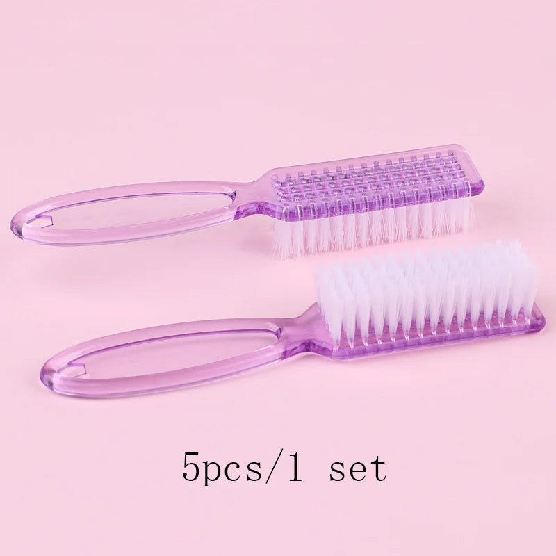 A set of five purple nail art brushes with long handles displayed on a pink background.