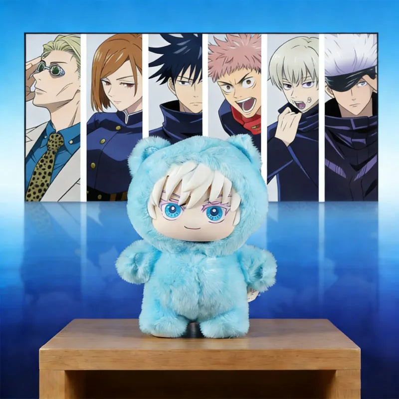 A fluffy light blue plush doll resembling a cat is displayed in front of a panel featuring various Jujutsu Kaisen characters.