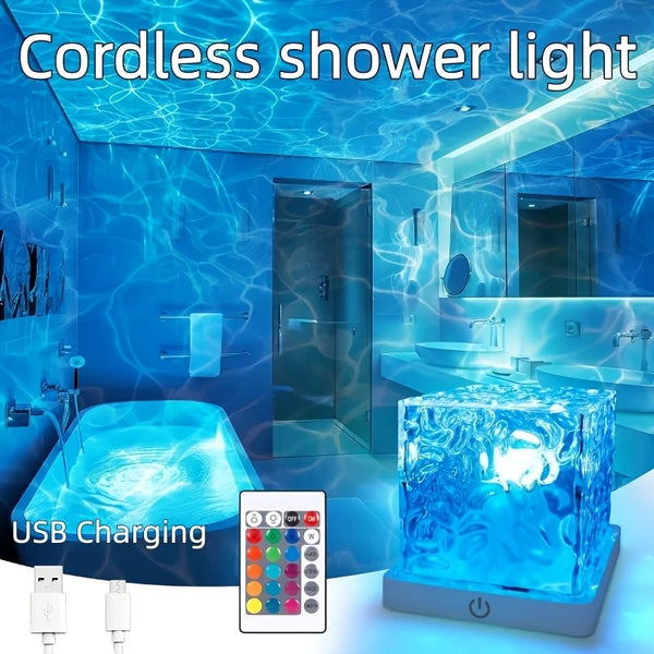 A cordless shower light illuminating a bathroom with blue wavy light and a USB charging device.