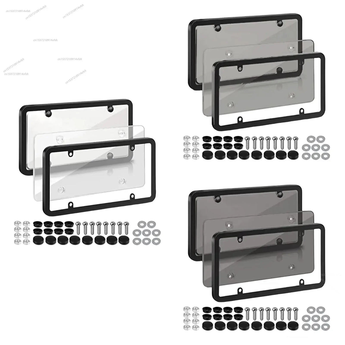 Two sets of black and gray tinted license plate protectors with mounting brackets and screws.
