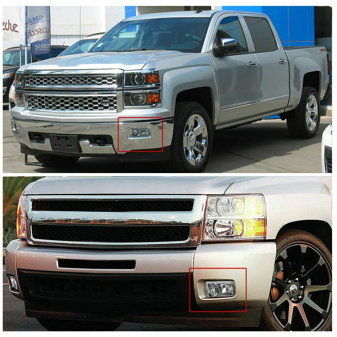 Close-up view of a silver truck's front bumper with an aftermarket fog light assembly installed.