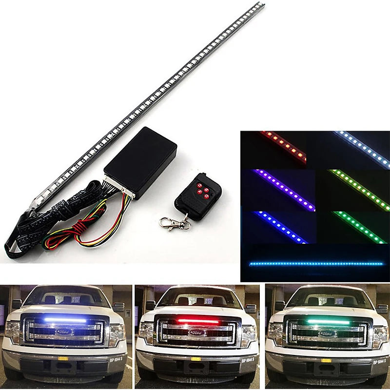 A long strip of RGB LED light with a remote control and various car headlight installations.