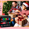 A box of acrylic brush markers with various colors and tips shown in a festive family setting.