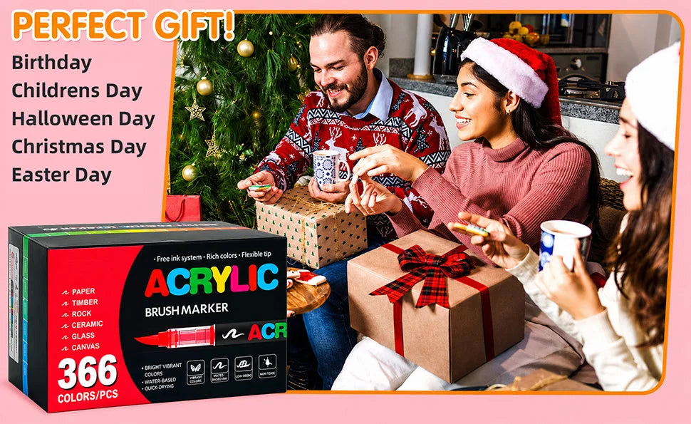A box of acrylic brush markers with various colors and tips shown in a festive family setting.