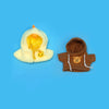 A fluffy yellow and white eilik robot outfit set with a hood and a brown hoodie.