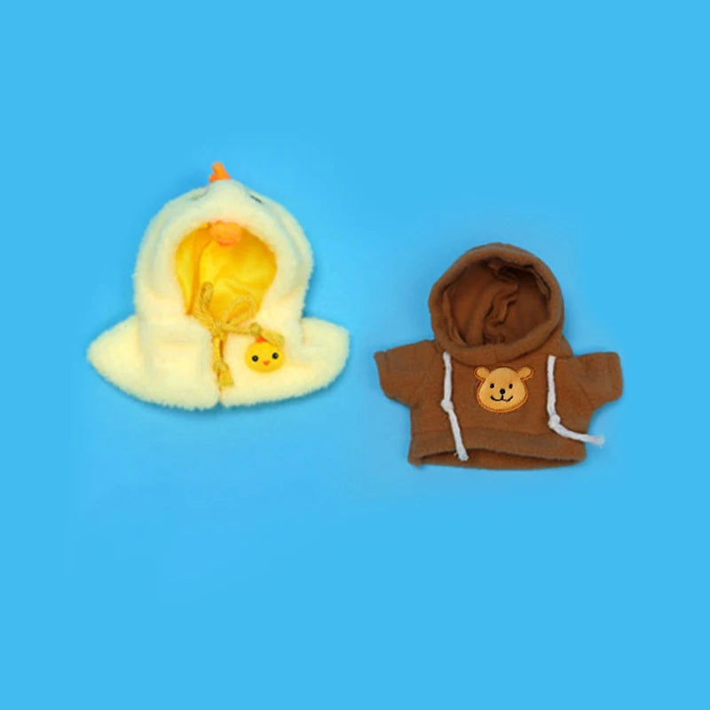 A fluffy yellow and white eilik robot outfit set with a hood and a brown hoodie.