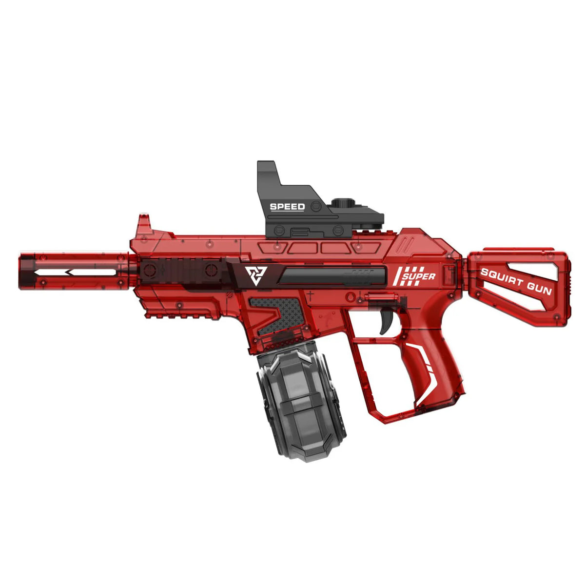 A red electric water blaster rifle with a realistic muzzle flame effect and a black grip.