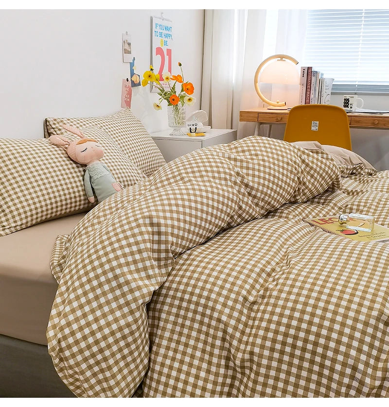 100% Cotton Duvet Cover Set with Plaid Stripe – Breathable & Skin-Friendly