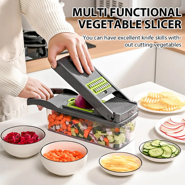 A hand is operating a multi-functional vegetable slicer, demonstrating its use for slicing various vegetables like carrots an