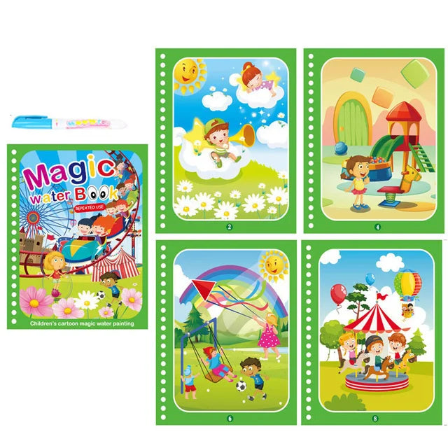 A colorful magic water book for kids showing various drawing and painting activities.